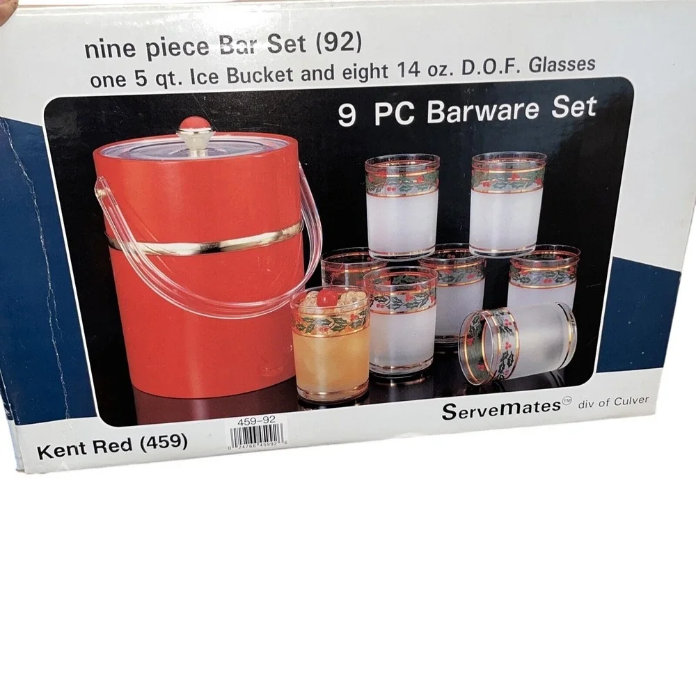 ServeMates 9 Piece Barware Set Ice Bucket 8 Frosted Glasses Holly Berry Gold Trm